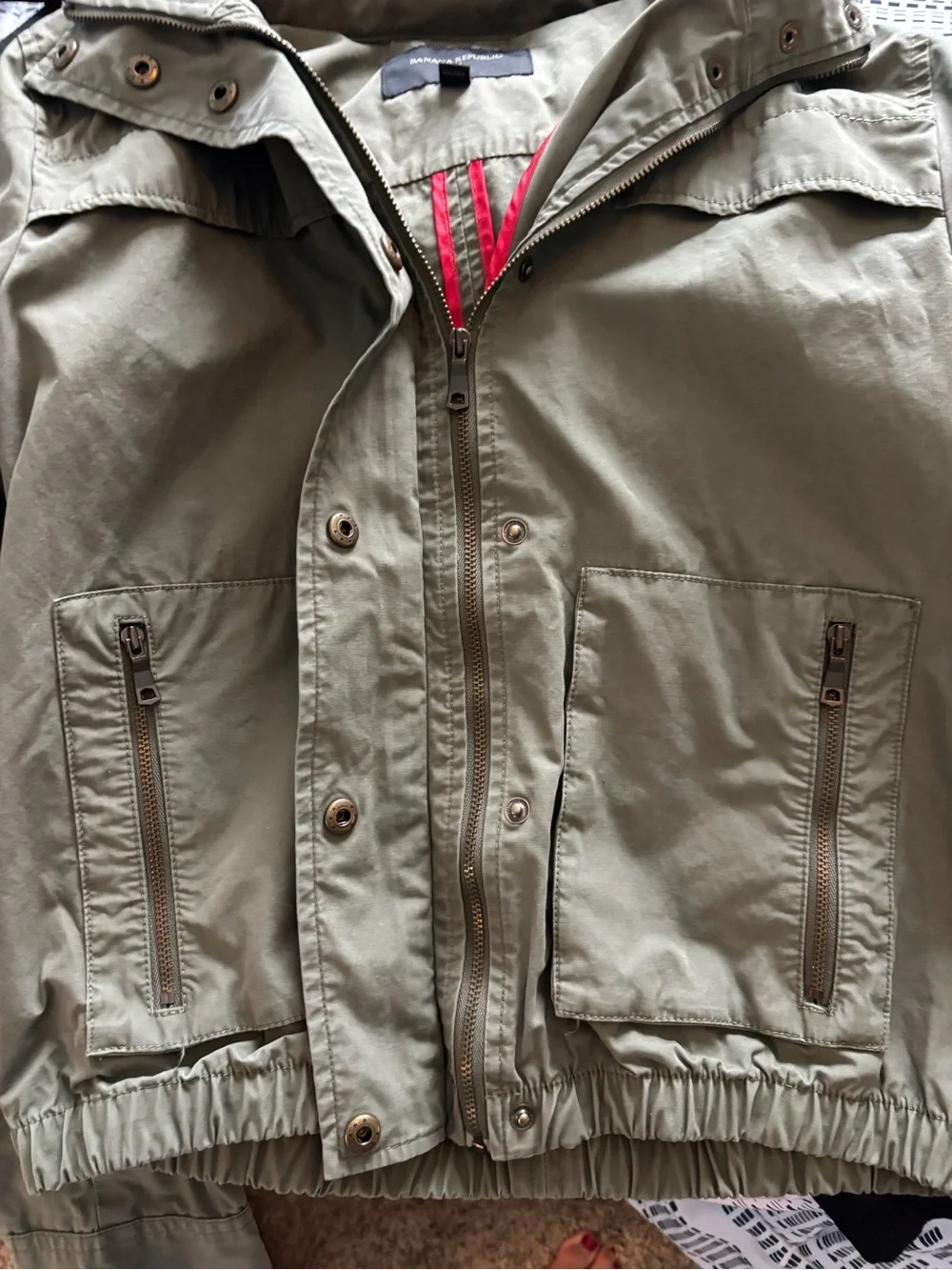 Banana Republic Olive Green Bomber Jacket Utility Zip Stowaway Hood Size Small